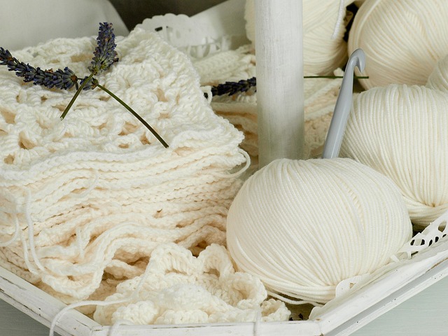 Cream crochet work with sprigs of lavender resting on top